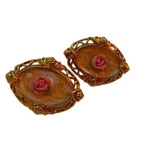 Clip-on Earrings Vintage Enamel Pink Rose Gold Tone Floral Victorian Earrings